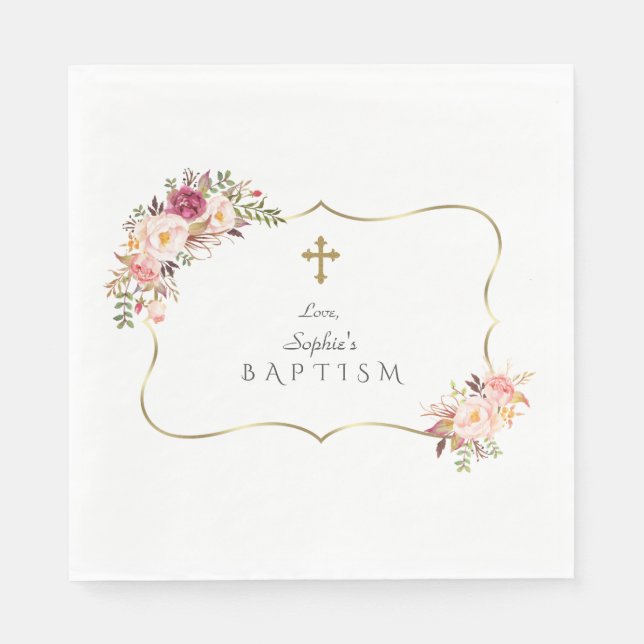 Charming Gold Frame Blush Pink Floral Baptism Napkins (Front)
