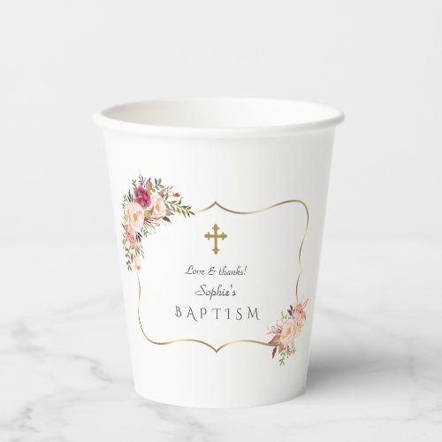 Charming Gold Frame Blush Pink Floral Baptism  Paper Cups