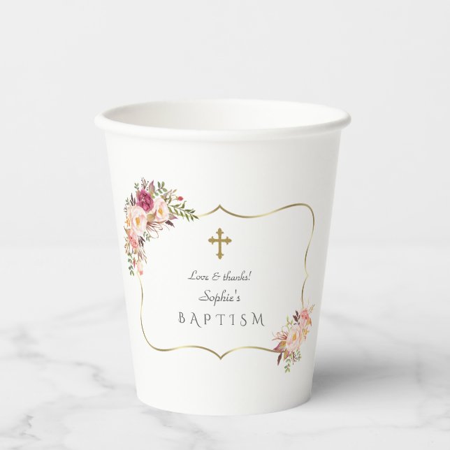 Charming Gold Frame Blush Pink Floral Baptism  Paper Cups (Front)
