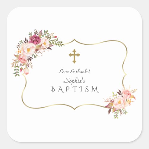Charming Gold Frame Blush Pink Floral Baptism Square Sticker