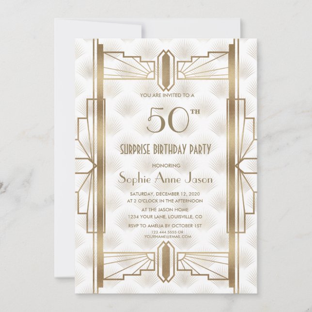 Charming Gold Great Gatsby Art Deco Birthday Party Invitation (Front)