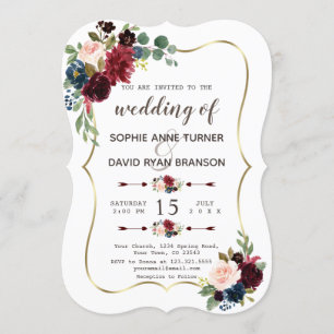 Charming Gold Merlot Navy Blue Floral Wedding Invitation