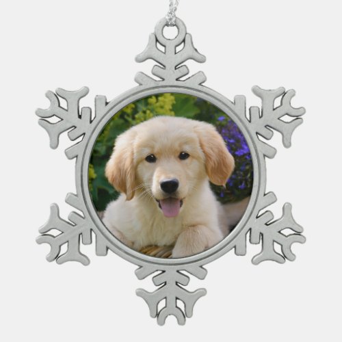 Charming Goldie Dog Puppy Portrait _ Snowflake Pewter Christmas Ornament