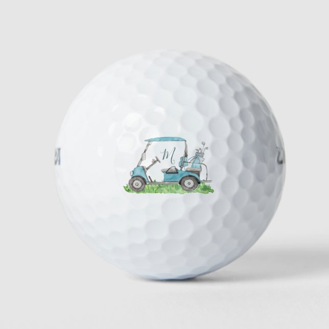 Charming Golf Cart Blue Monogram Watercolor  Golf Balls (Front)