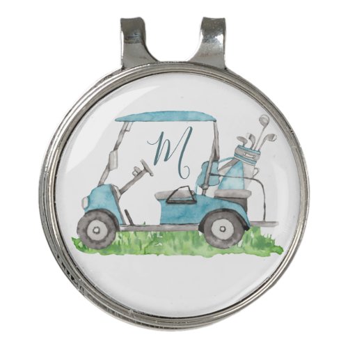 Charming Golf Cart Blue Monogram Watercolor  Golf Hat Clip