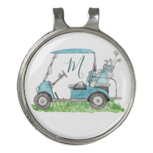 Charming Golf Cart Blue Monogram Watercolor  Hat Clip