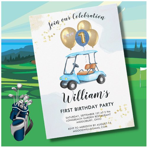 Charming Golf Cart First Birthday Boy   Invitation