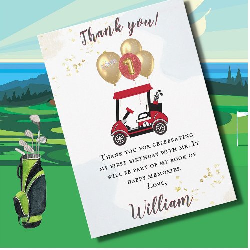 Charming Golf Cart First Birthday Boy Thank You Invitation