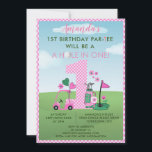 Charming Golf Pink Girl 1st Birthday Par-Tee Invitation<br><div class="desc">You will so enjoy sending out this charming and unique invitation  - with that wonderful golf cart and gold and pink balloons-- completed with her script name.  Any design questions just send a chat and we'll be delighted to assist.</div>
