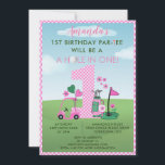Charming Golf Pink Girl 1st Birthday Par-Tee Invitation<br><div class="desc">You will so enjoy sending out this charming and unique invitation  - with that wonderful golf cart and gold and pink balloons-- completed with her script name.  Any design questions just send a chat and we'll be delighted to assist.</div>