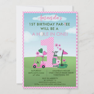 Charming Golf Pink Girl 1st Birthday Par-Tee Invitation