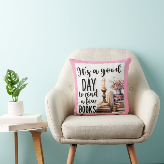 Charming Good Day to Read a Few Books Pink Throw Pillow (Chair)