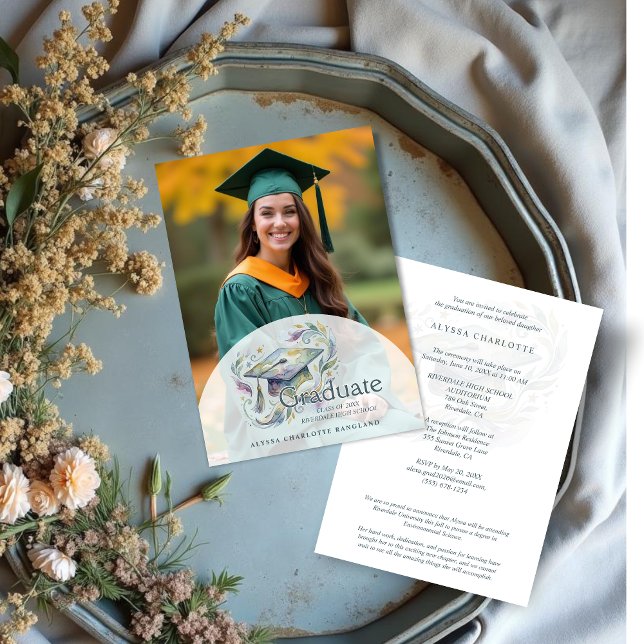 Charming Graduate Cap Blue and Green Shades Invitation (Charming Graduate Cap Blue and Green Shades Watercolor Effect Photo Graduation Invitation Card.)
