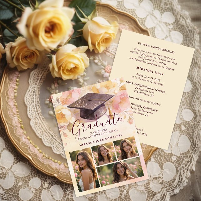 Charming Graduation Cap 4-Photo Collage Floral Invitation (Charming Graduation Cap 4-Photo Collage Floral Background Ceremony and Party Invitation Card Design.)