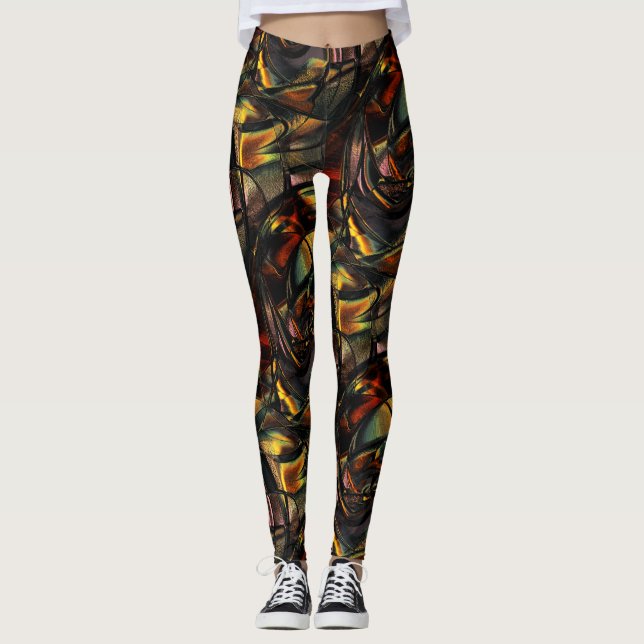 Charming grained texture, embossed golden green  leggings (Front)