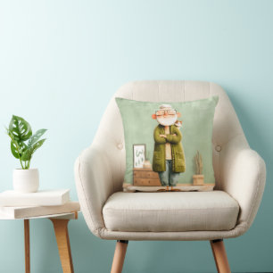 Charming Grandpa and His Cat Throw Pillow
