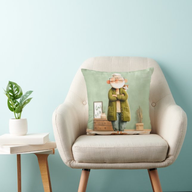 Charming Grandpa and His Cat Throw Pillow (Chair)