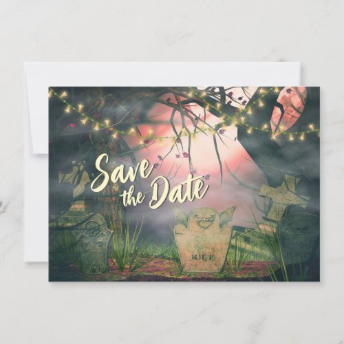 Charming Graveyard with Lights Halloween Wedding Save The Date