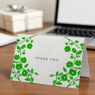 Charming Green Folk Flowers White Thank You Custom Card