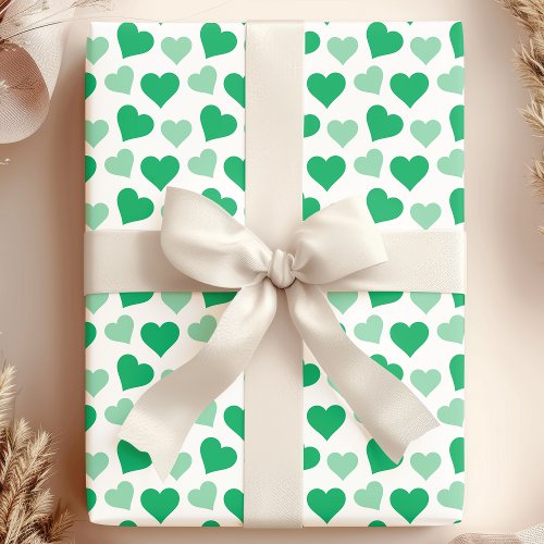 Charming Green Hearts on White Wrapping Paper