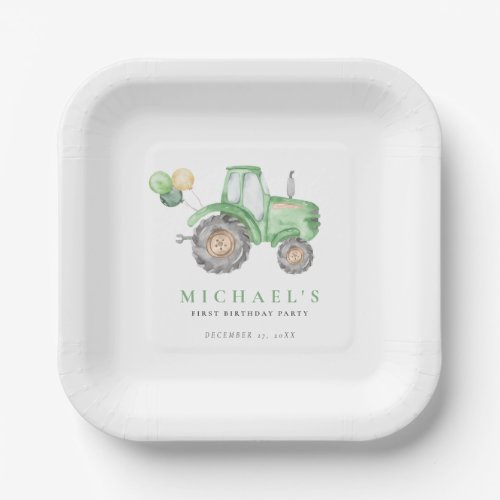 Charming Green Tractor Birthday Paper Plates