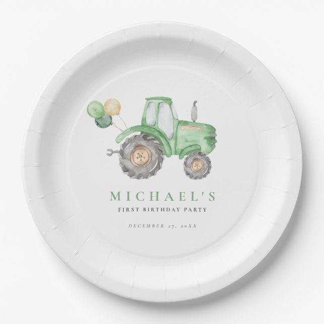Charming Green Tractor Birthday Paper Plates (Front)