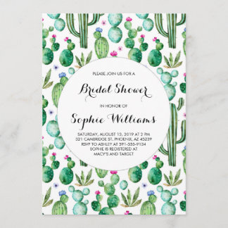 Charming Green Watercolor Cacti Bridal Shower Invitation