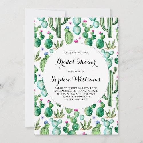 Charming Green Watercolor Cacti Bridal Shower Invitation