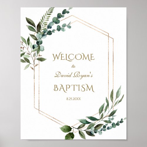 Charming Greenery Gold Frame Baptism Welcome Sign