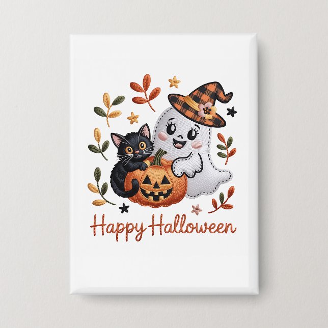 Charming Halloween Greeting Card – Hand-Drawn Embr Button (Front)