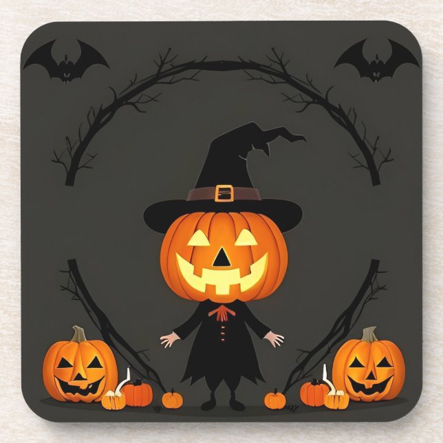 Charming Halloween Scene With Pumpkin Beverage Coaster (Front)