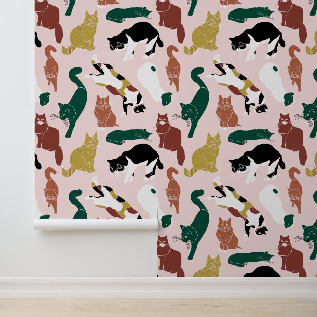 Charming hand-drawn cats on pink background wallpaper  (Application)