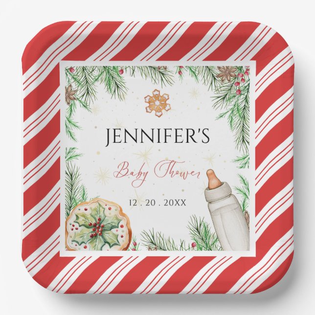 Charming Hand-Drawn Custom Christmas Baby Shower Paper Plates (Front)