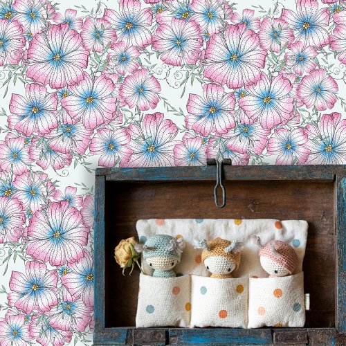 Charming Hand-Drawn Pink Blue Blooming Flowers