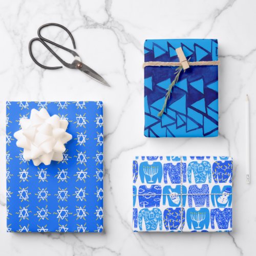 Charming Hanukkah Patterns Stars Sweaters Blue Wrapping Paper Sheets