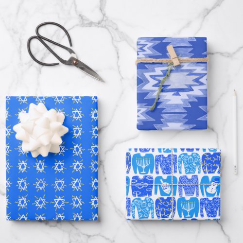 Charming Hanukkah Patterns Stars Sweaters Blue Wrapping Paper Sheets