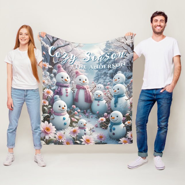 Charming Happy Snowman Family Winter Fleece Blanket (In Situ)