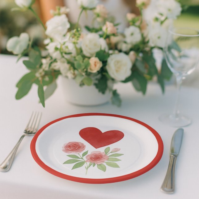 Charming Heart and Pink Roses Valentine's Day  Paper Plates (“Romantic wedding table with floral heart plate, soft roses, and dreamy Valentine‑ambiance.)