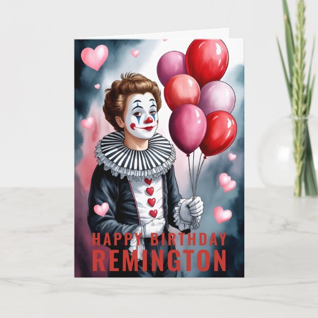 Charming Heart-Themed Pierrot Clown Birthday Card (Front)