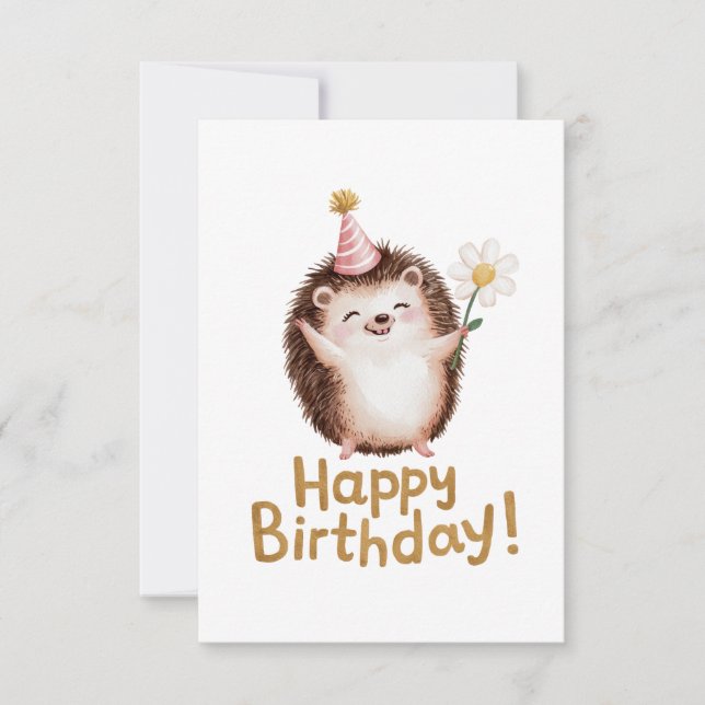 Charming Hedgehog Birthday Design with Party Hat Thank You Card (Front)