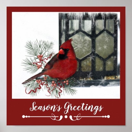 Charming Holiday Cardinal on Feeder Poster