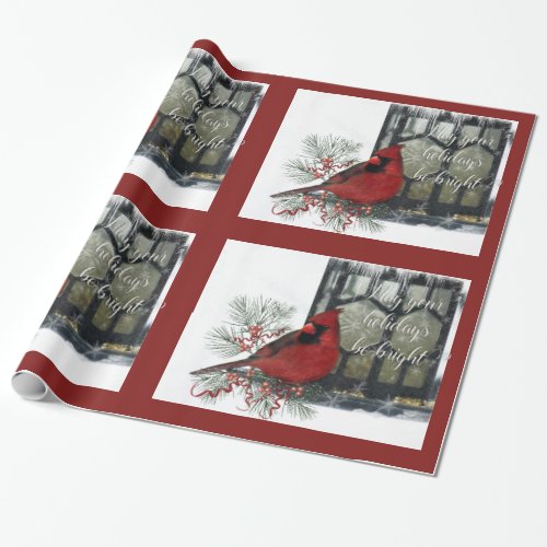 Charming Holiday Cardinal on Feeder Wrapping Paper
