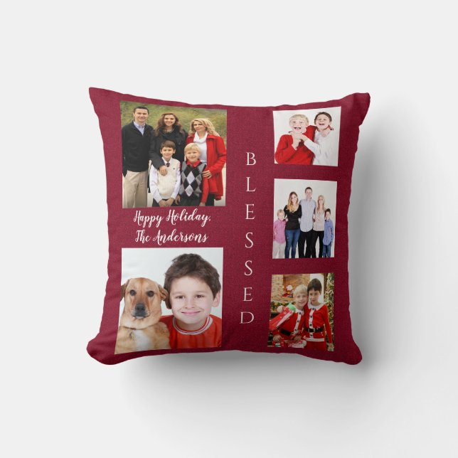 Charming Holiday Family Photo Collage Monogram Throw Pillow (Front)