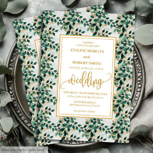 Charming Hunter Green Gold Eucalyptus Wedding Invitation