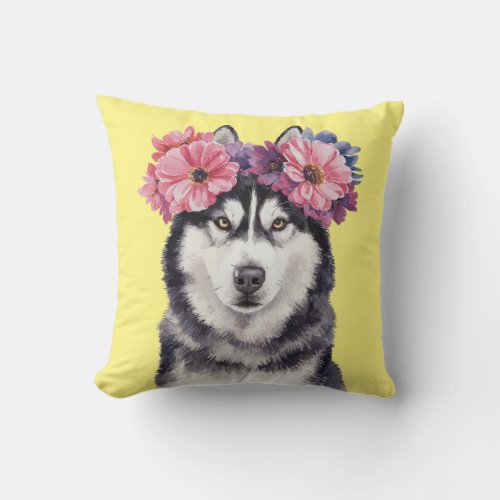 Charming Husky  Flower Crown Watercolor Print Throw Pillow