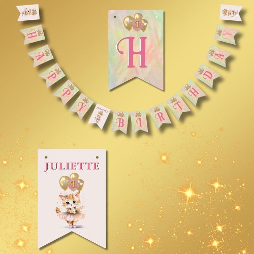 Charming Kitten Girl 1st Happy Birthday Banner