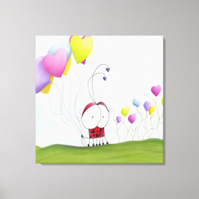 Charming Ladybug with Colorful Heart Balloons Canvas Print (Front)