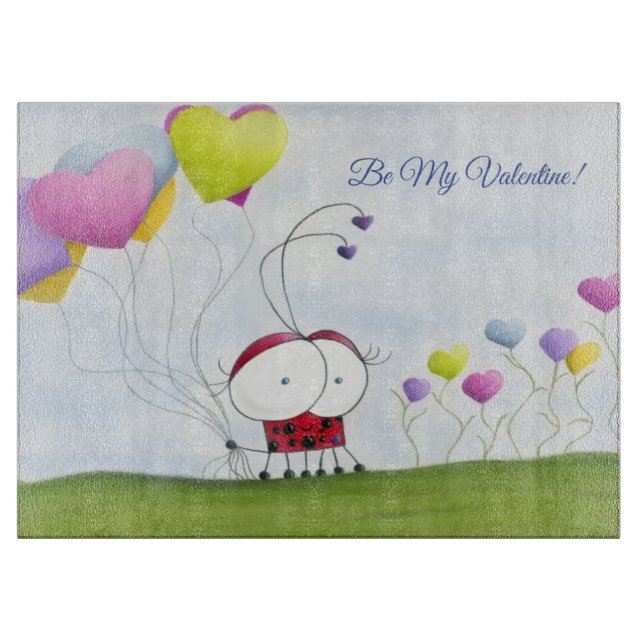 Charming Ladybug with Colorful Heart Balloons Cutting Board (Front)