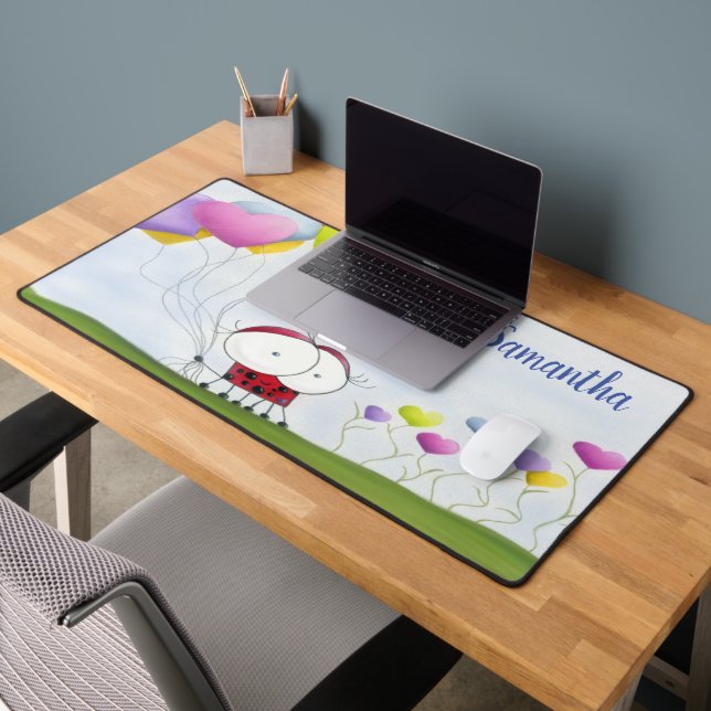 Charming Ladybug with Colorful Heart Balloons Desk Mat (Office 2)