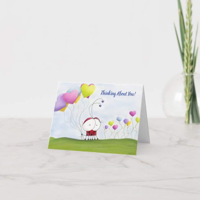 Charming Ladybug with Colorful Heart Balloons Note Card (Front)
